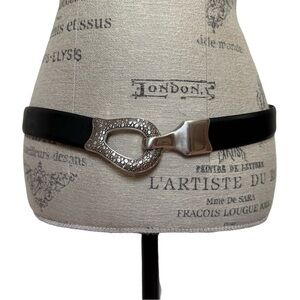 Chicos Adjustable Black Leather Belt Silver Hardware Hook and Loop Pebbled Sz ML